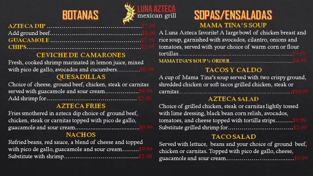 Luna Azteca Menu Kansas City S Best Mexican Restaurant